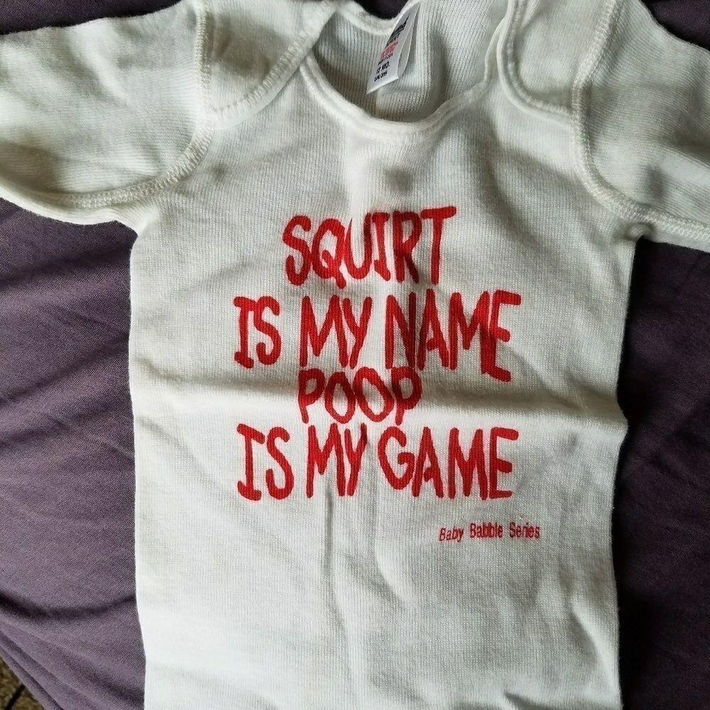 White Baby Tee "Squirt Is My Name Poop Is My Game" Size 12 Months Cute Graphic